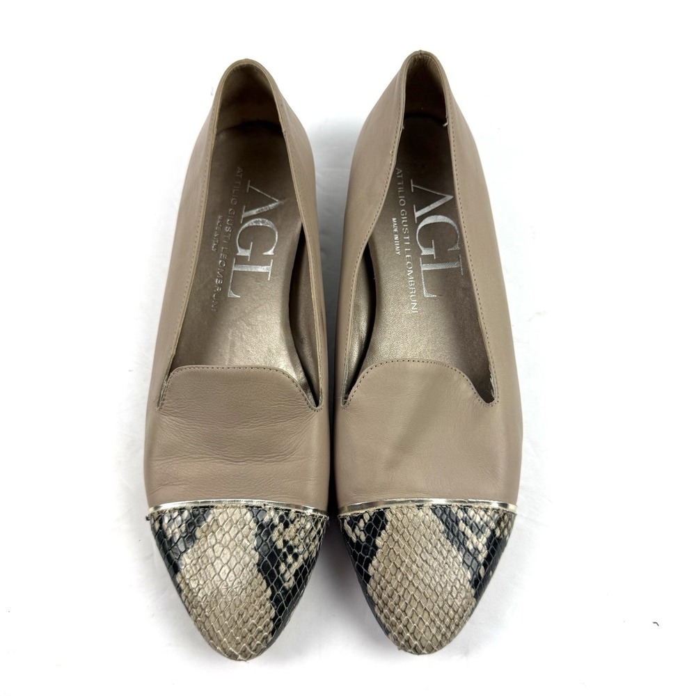 AGL Flats 38.5 Tan Leather Snakeskin Cap Toe Shoes Attilio Giusti Leombruni 8.5‎